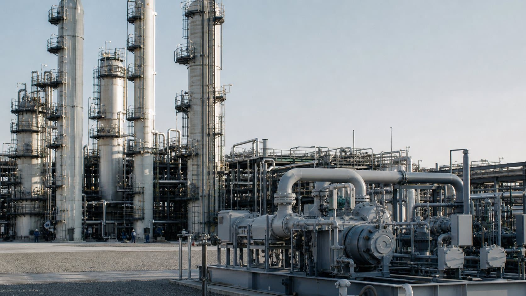 Carbon capture absorber columns and compression skids in morning light