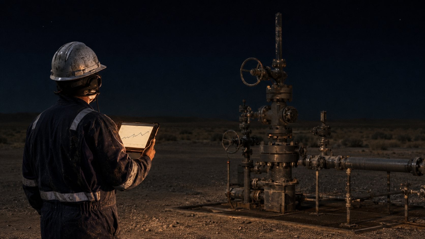 Field engineer at night reading a production trend on a rugged tablet beside a wellhead