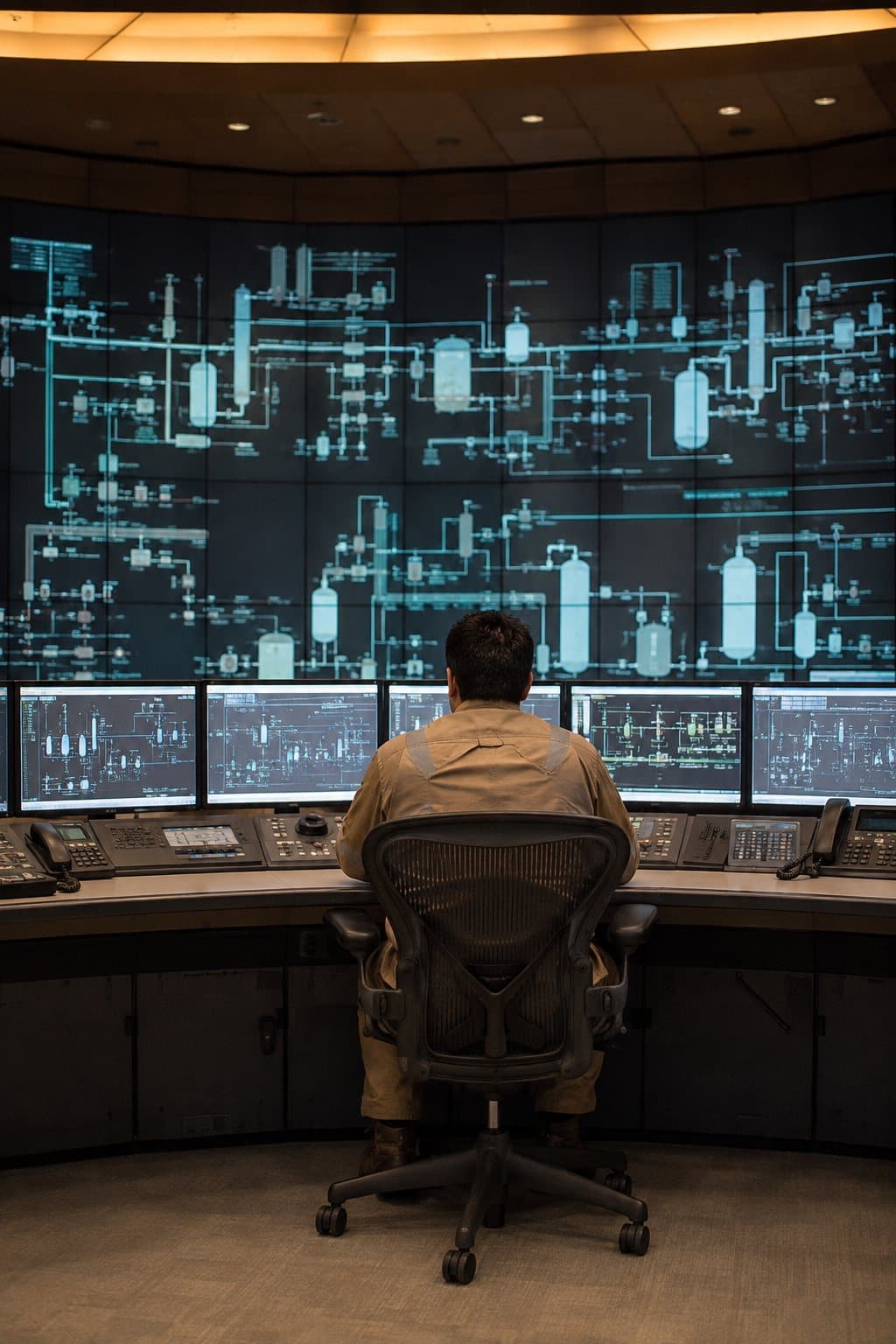 Operator at a production control room console with process displays