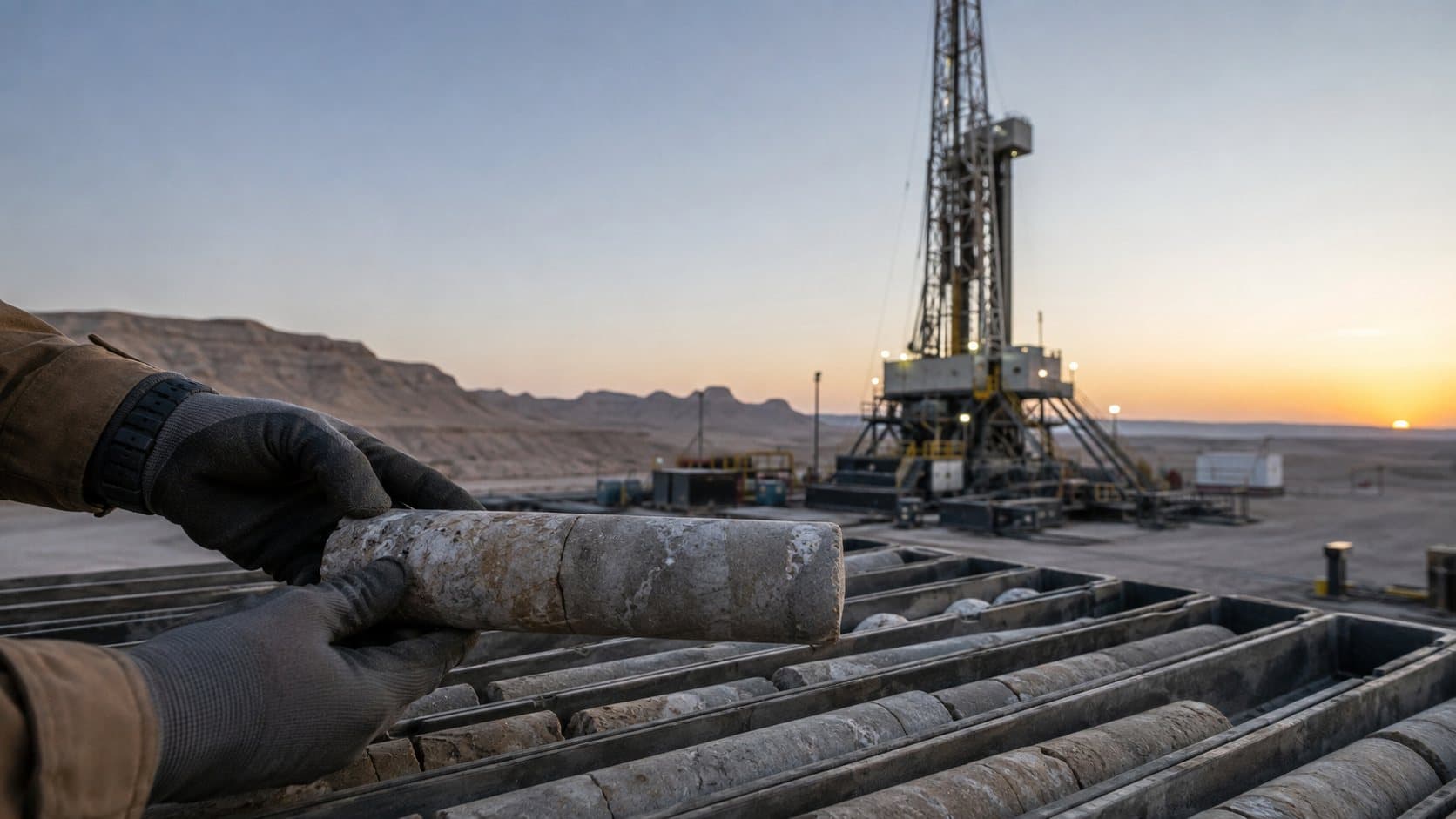Drilling rig at dawn with a rock core sample in the foreground